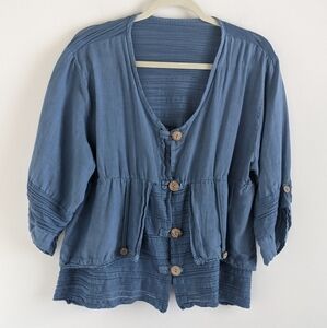VINTAGE Boho Cotton Cardigan in Blue with Wood Buttons Cottagecore M / L